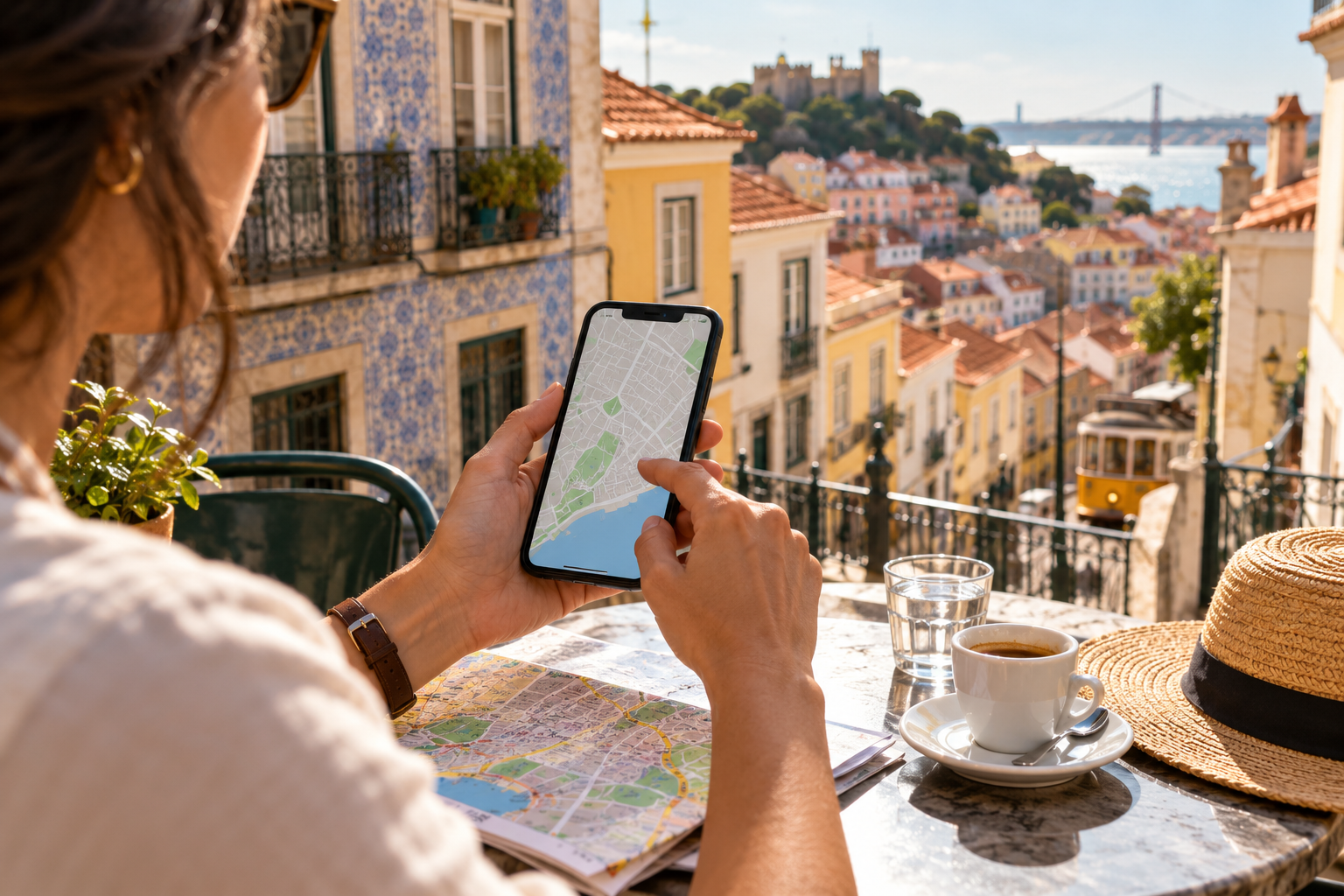 AI-generated traveler checking a map on a phone at a Lisbon cafe