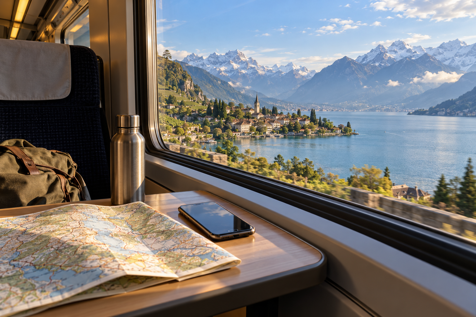 AI-generated view from a train with a phone, route map, lake and Alpine mountains