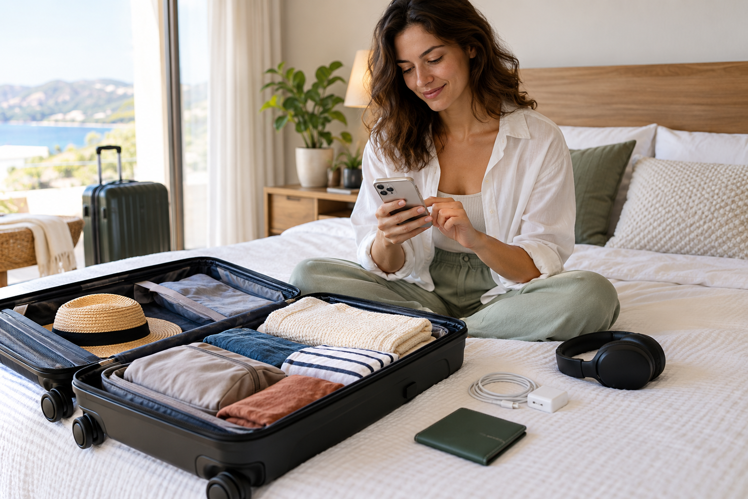 AI-generated traveler setting up a phone beside a packed suitcase